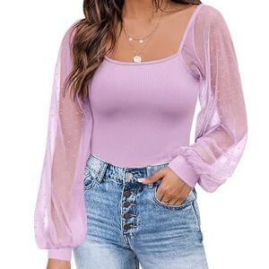 💥 Dorose Purple Polka Dot Mesh Sleeve Ribbed Top